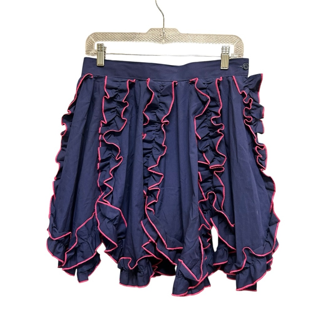 Handmade Blue Pink Trim Ruffled Asymmetrical Hem Full Circle Skirt Size M